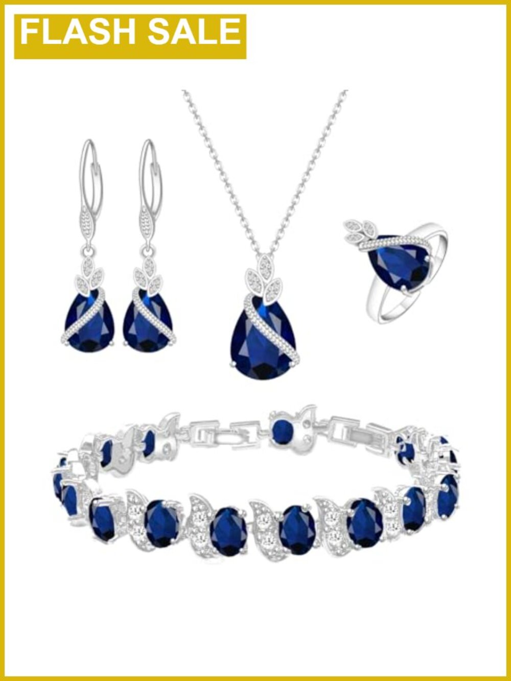 White Gold Plated Teardrop Created Blue Sapphire Cubic Zirconia Jewelry Set
